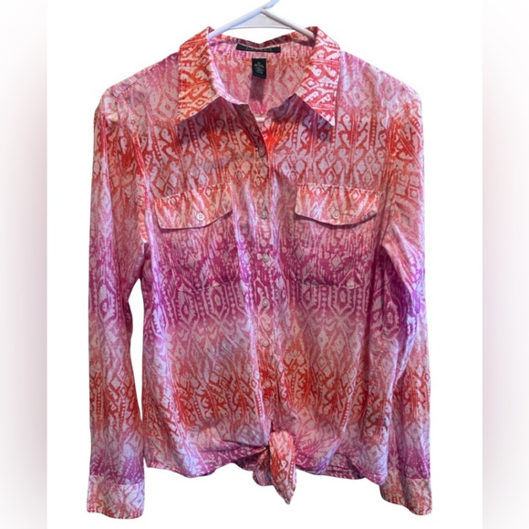Lauren Ralph Lauren Tops - Lauren Ralph Lauren Shirt Blouse Pink Orange Geometric Tie Front Women's Size‎ M